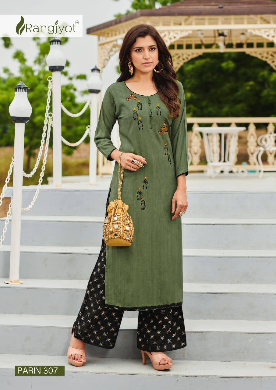 RANGJYOT PARIN VOL-3 Lateat fancy Festive Wear Heavy slub Rayon Dori With Gold Print Kurtis With Bottom Collection